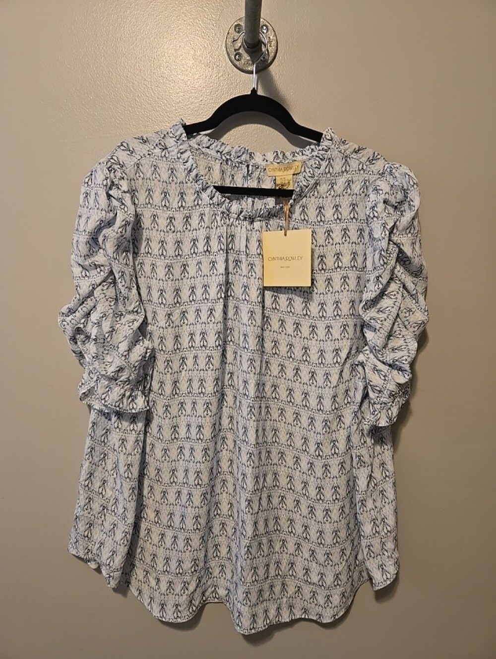 Cynthia Rowley Blouse Top Women's Sz. 2XL Blue White Print Short Puff Sleeve NWT